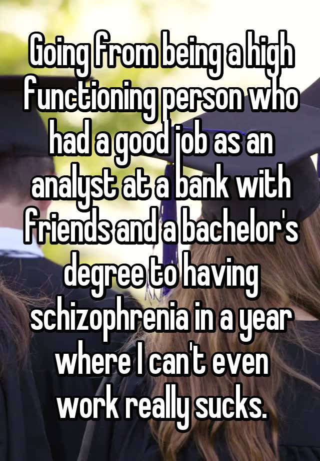 Going from being a high functioning person who had a good job as an analyst at a bank with friends and a bachelor's degree to having schizophrenia in a year where I can't even work really sucks.