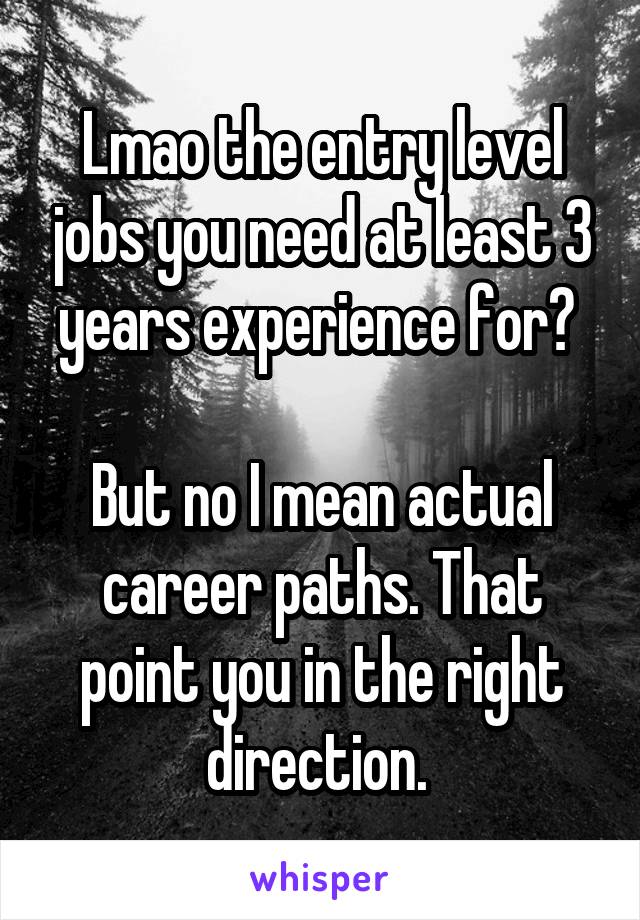 Lmao the entry level jobs you need at least 3 years experience for? 

But no I mean actual career paths. That point you in the right direction. 