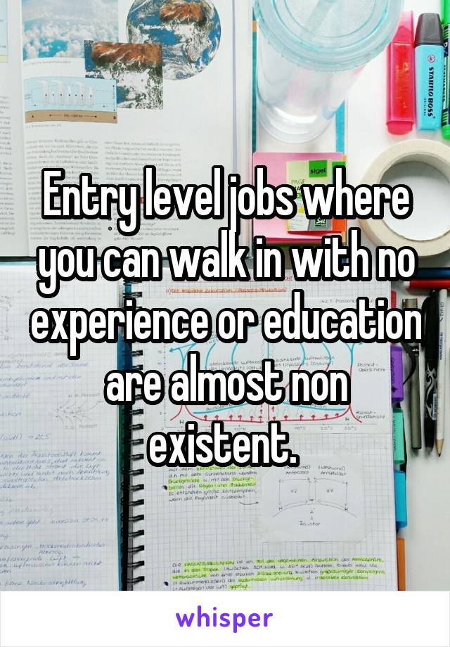 Entry level jobs where you can walk in with no experience or education are almost non existent. 