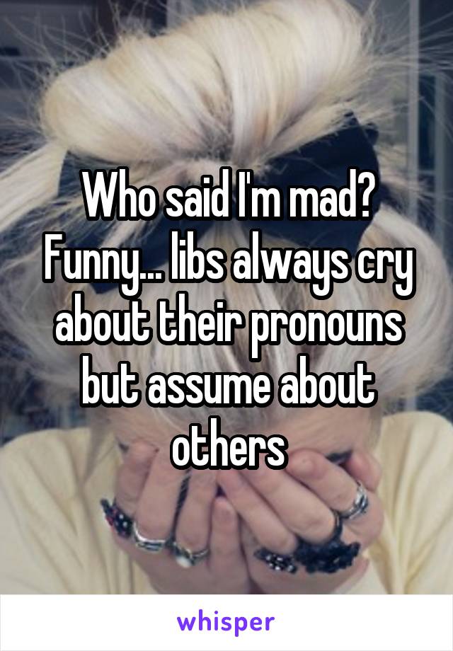 Who said I'm mad? Funny... libs always cry about their pronouns but assume about others