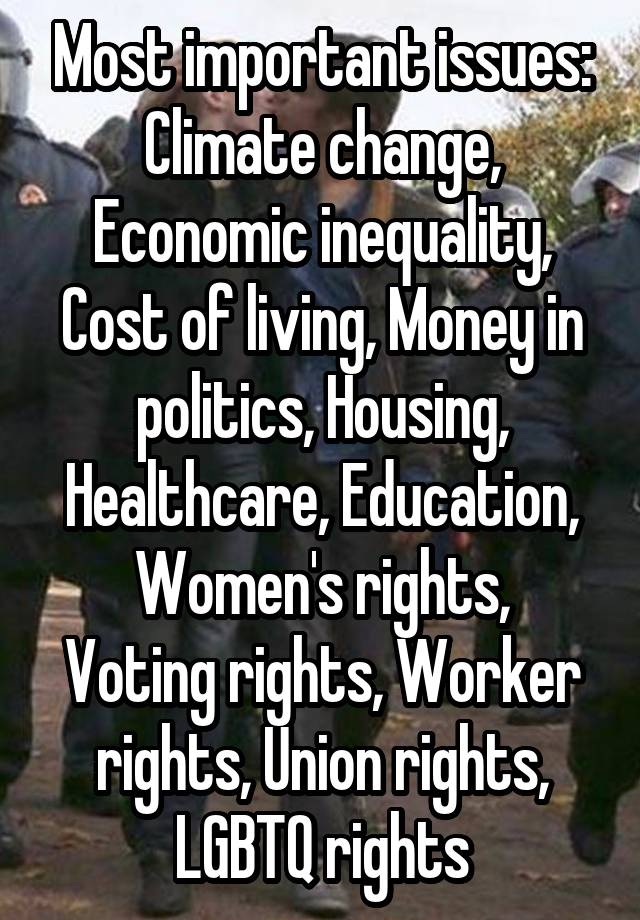 Most important issues: Climate change, Economic inequality, Cost of living, Money in politics, Housing, Healthcare, Education,
Women's rights, Voting rights, Worker rights, Union rights, LGBTQ rights