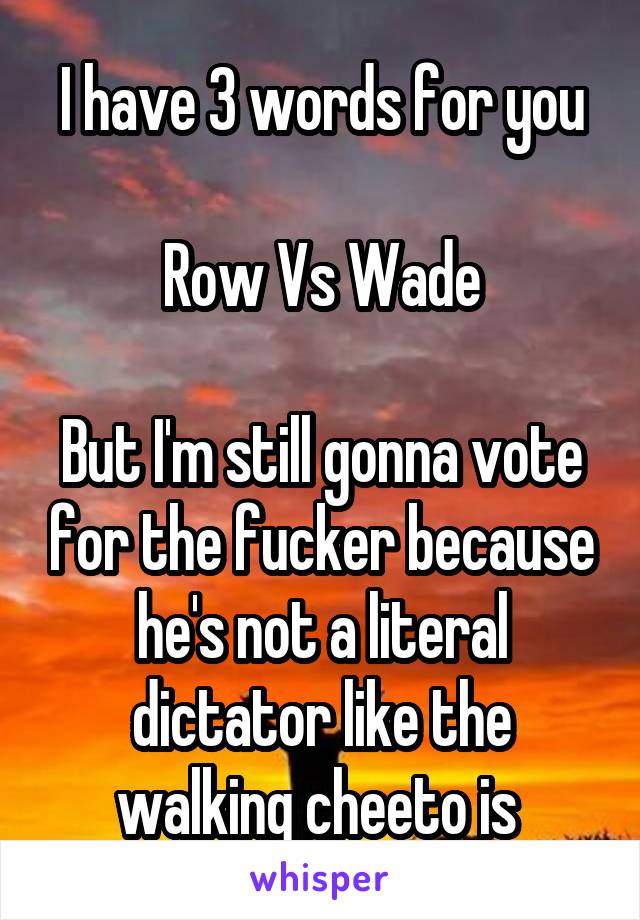 I have 3 words for you

Row Vs Wade

But I'm still gonna vote for the fucker because he's not a literal dictator like the walking cheeto is 