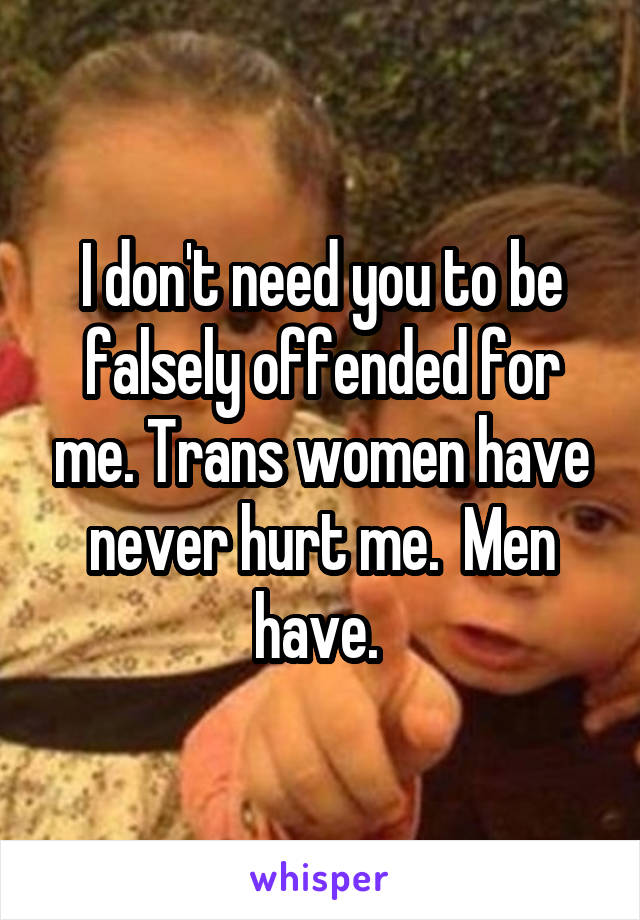 I don't need you to be falsely offended for me. Trans women have never hurt me.  Men have. 