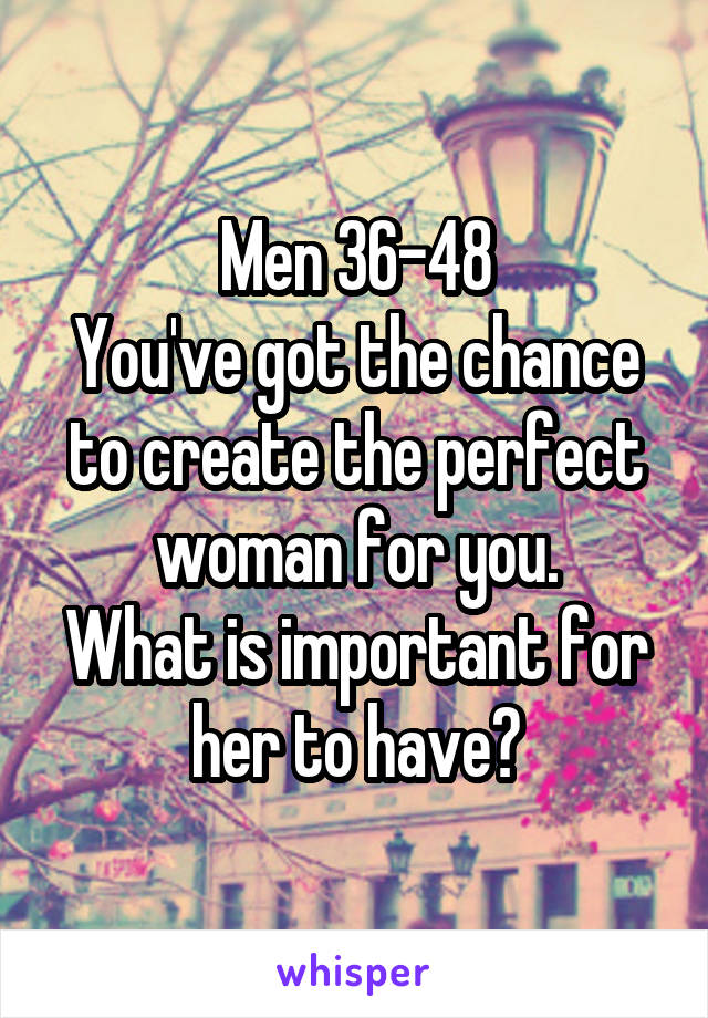 Men 36-48
You've got the chance to create the perfect woman for you.
What is important for her to have?