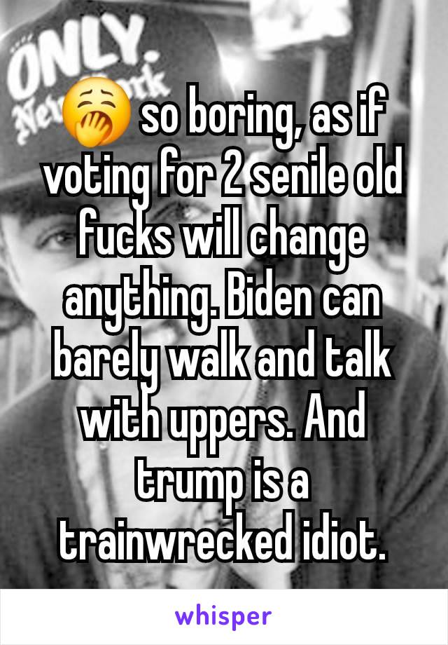 🥱 so boring, as if voting for 2 senile old fucks will change anything. Biden can barely walk and talk with uppers. And trump is a trainwrecked idiot.