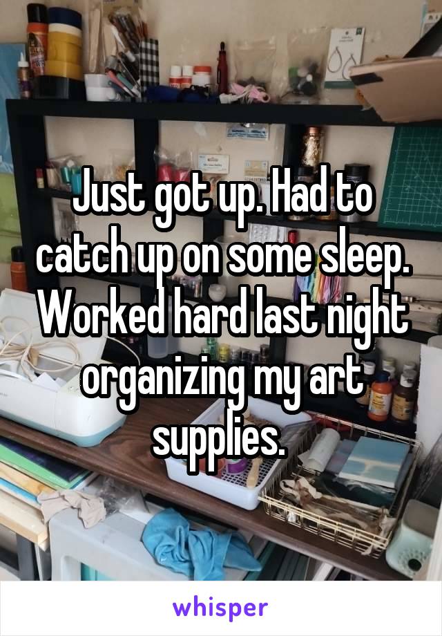 Just got up. Had to catch up on some sleep. Worked hard last night organizing my art supplies. 