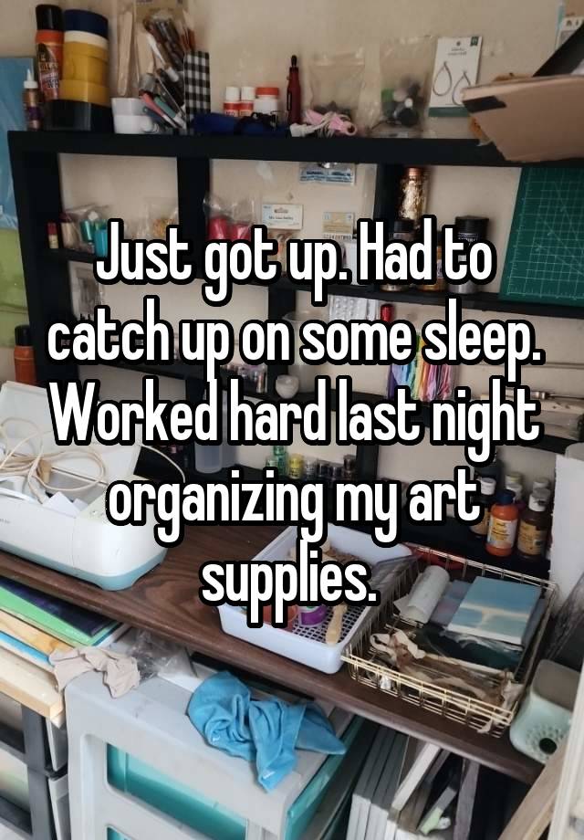 Just got up. Had to catch up on some sleep. Worked hard last night organizing my art supplies. 