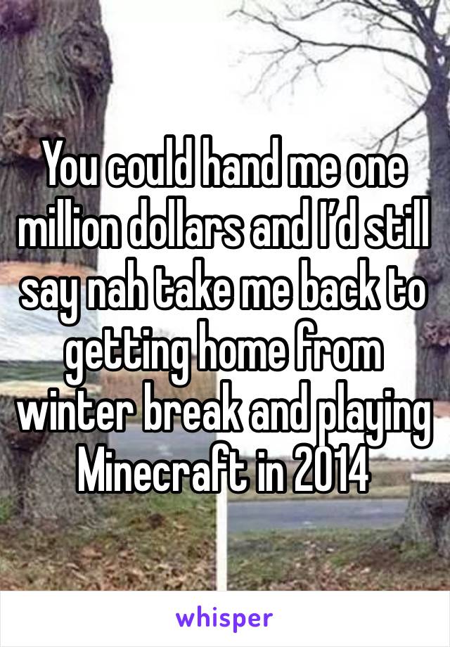 You could hand me one million dollars and I’d still say nah take me back to getting home from winter break and playing Minecraft in 2014 