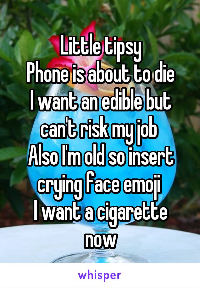 Little tipsy
Phone is about to die
I want an edible but can't risk my job 
Also I'm old so insert crying face emoji 
I want a cigarette now