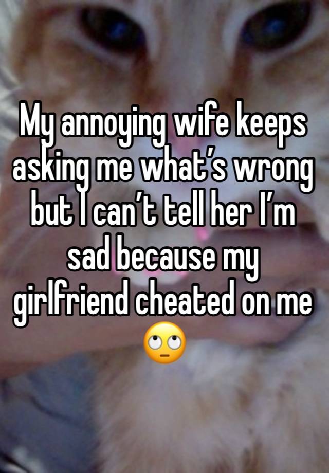 My annoying wife keeps asking me what’s wrong but I can’t tell her I’m sad because my girlfriend cheated on me 🙄