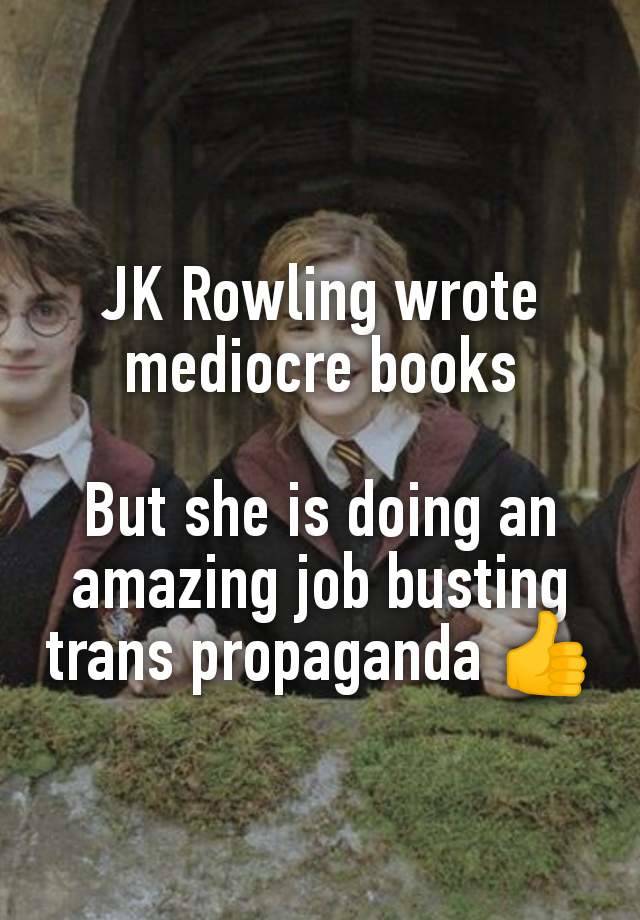 JK Rowling wrote mediocre books

But she is doing an amazing job busting trans propaganda 👍