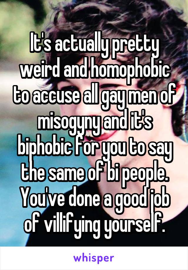 It's actually pretty weird and homophobic to accuse all gay men of misogyny and it's biphobic for you to say the same of bi people. You've done a good job of villifying yourself.