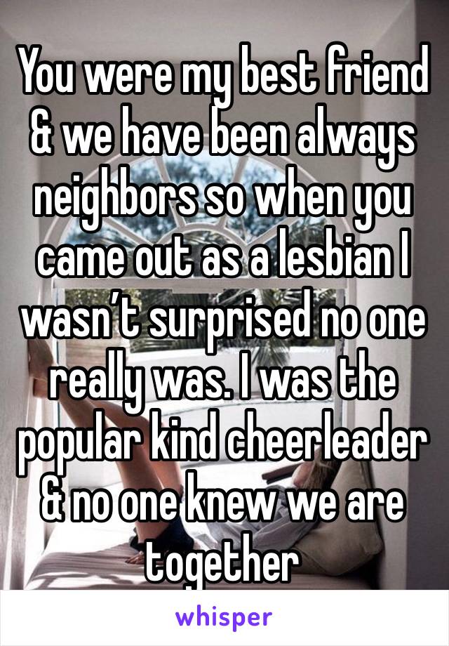 You were my best friend & we have been always neighbors so when you came out as a lesbian I wasn’t surprised no one really was. I was the popular kind cheerleader & no one knew we are together 