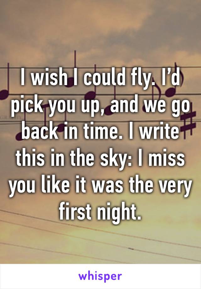 I wish I could fly. I’d pick you up, and we go back in time. I write this in the sky: I miss you like it was the very first night.