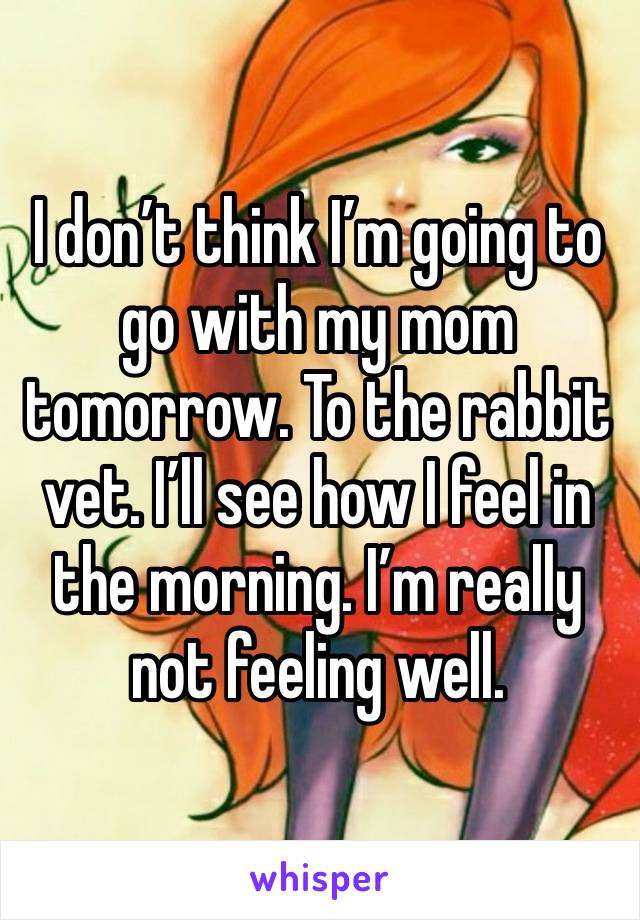 I don’t think I’m going to go with my mom tomorrow. To the rabbit vet. I’ll see how I feel in the morning. I’m really not feeling well. 