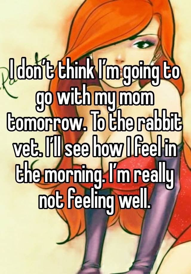 I don’t think I’m going to go with my mom tomorrow. To the rabbit vet. I’ll see how I feel in the morning. I’m really not feeling well. 