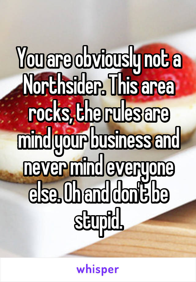 You are obviously not a Northsider. This area rocks, the rules are mind your business and never mind everyone else. Oh and don't be stupid.