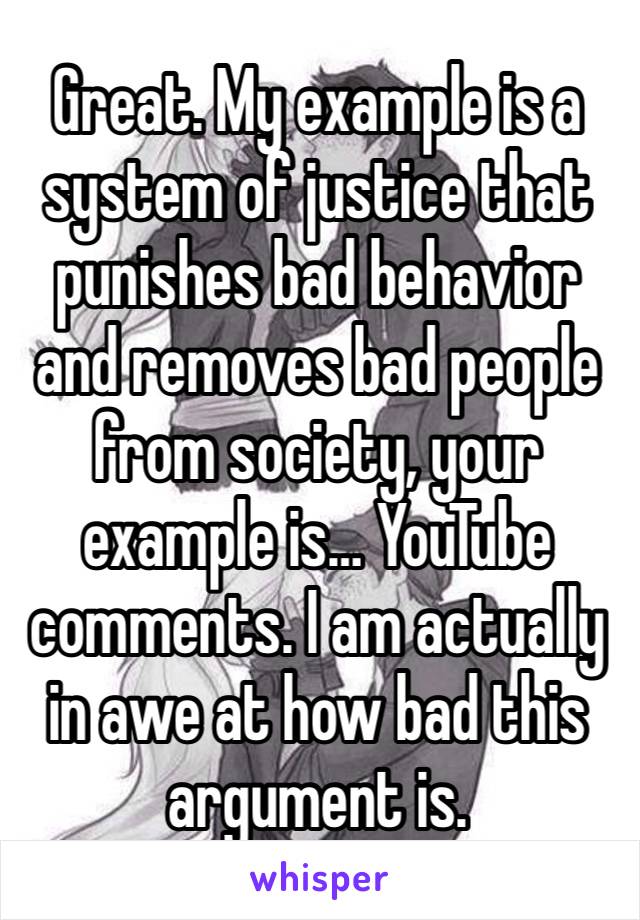 Great. My example is a system of justice that punishes bad behavior and removes bad people from society, your example is… YouTube comments. I am actually in awe at how bad this argument is. 