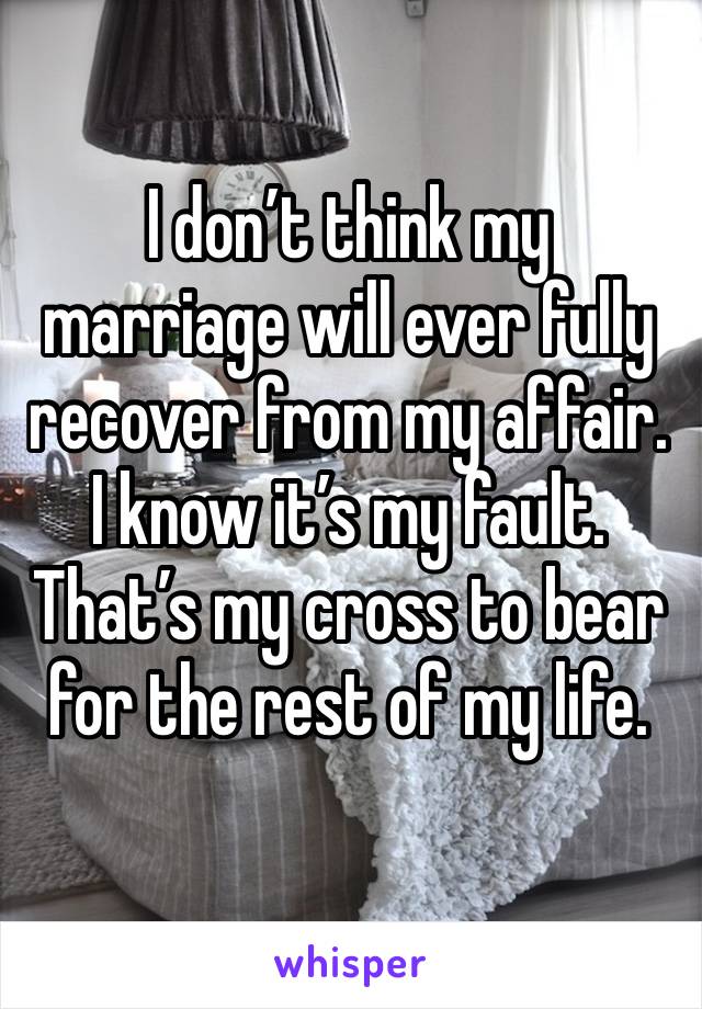 I don’t think my marriage will ever fully recover from my affair. I know it’s my fault. That’s my cross to bear for the rest of my life. 