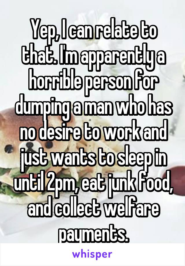 Yep, I can relate to that. I'm apparently a horrible person for dumping a man who has no desire to work and just wants to sleep in until 2pm, eat junk food, and collect welfare payments.