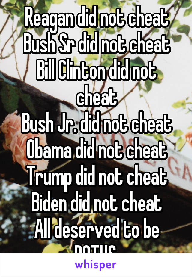 Reagan did not cheat
Bush Sr did not cheat
Bill Clinton did not cheat
Bush Jr. did not cheat
Obama did not cheat
Trump did not cheat
Biden did not cheat
All deserved to be POTUS 