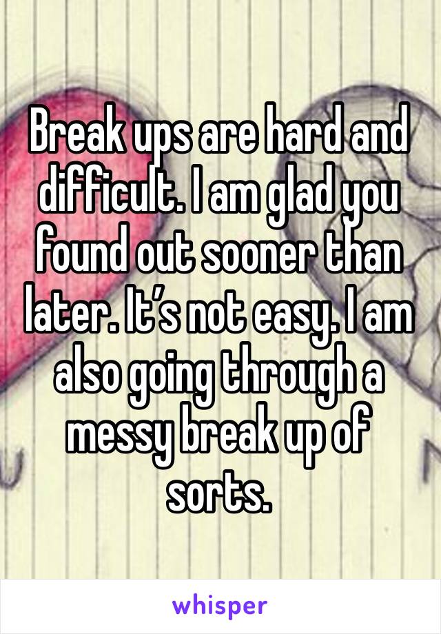 Break ups are hard and difficult. I am glad you found out sooner than later. It’s not easy. I am also going through a messy break up of sorts. 