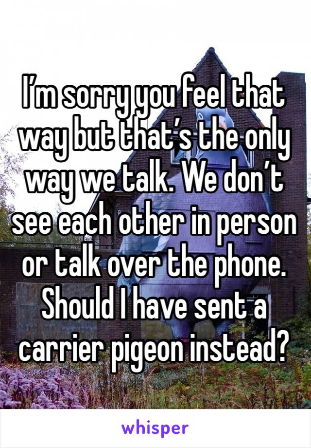 I’m sorry you feel that way but that’s the only way we talk. We don’t see each other in person or talk over the phone. Should I have sent a carrier pigeon instead?