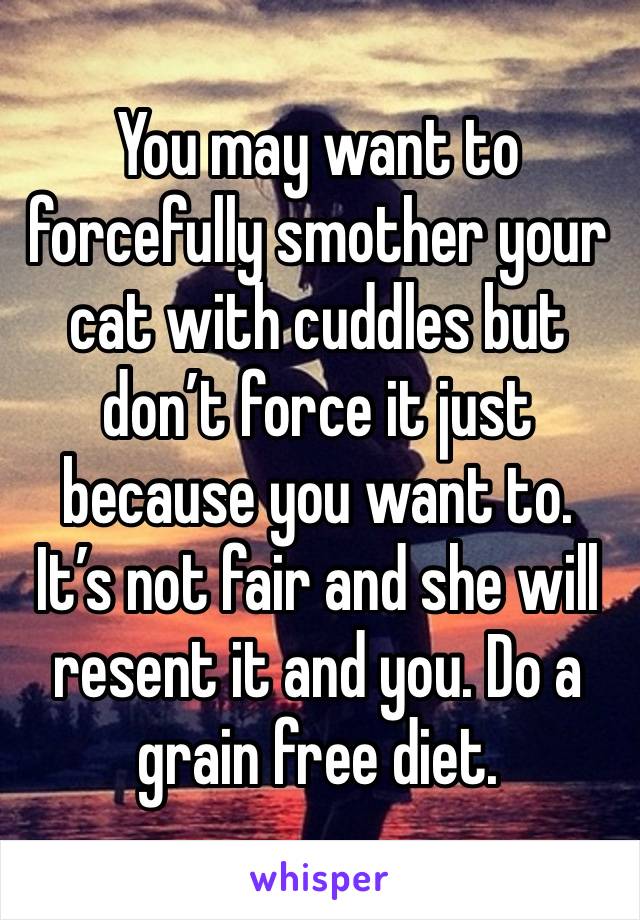 You may want to forcefully smother your cat with cuddles but don’t force it just because you want to. It’s not fair and she will resent it and you. Do a grain free diet. 