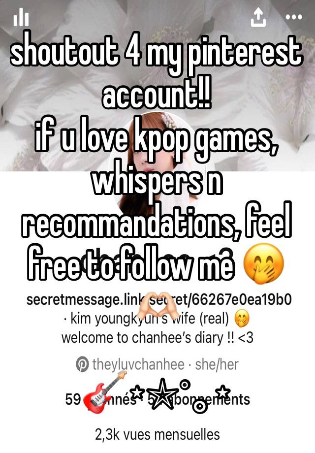 shoutout 4 my pinterest account!!
if u love kpop games, whispers n recommandations, feel free to follow me 🤭🫶🏻

🎸⋆⭒˚｡⋆