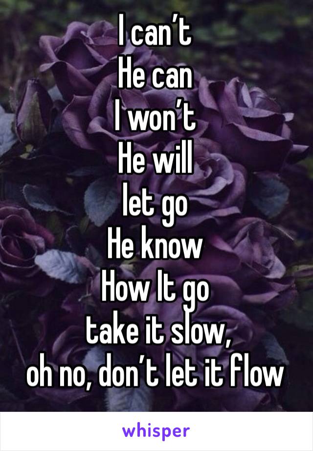 I can’t
He can
I won’t
He will
let go 
He know 
How It go
 take it slow,
oh no, don’t let it flow