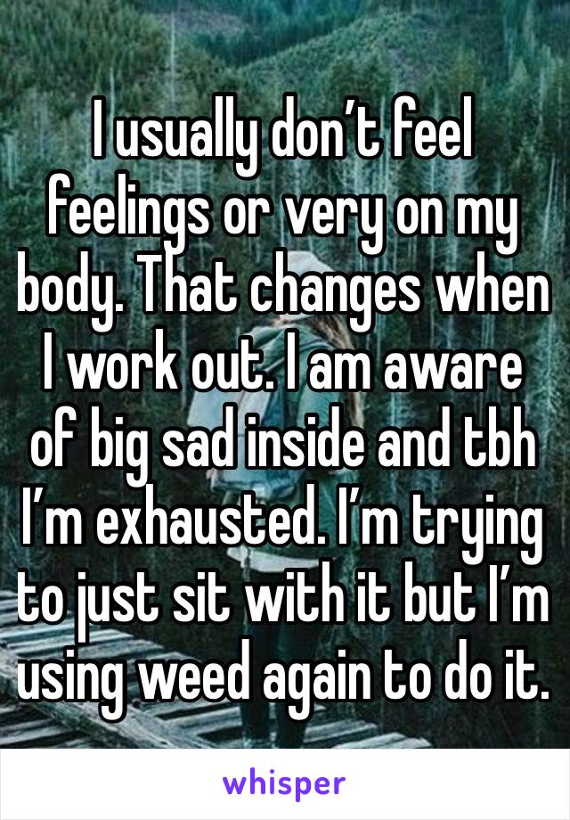 I usually don’t feel feelings or very on my body. That changes when I work out. I am aware of big sad inside and tbh I’m exhausted. I’m trying to just sit with it but I’m using weed again to do it. 