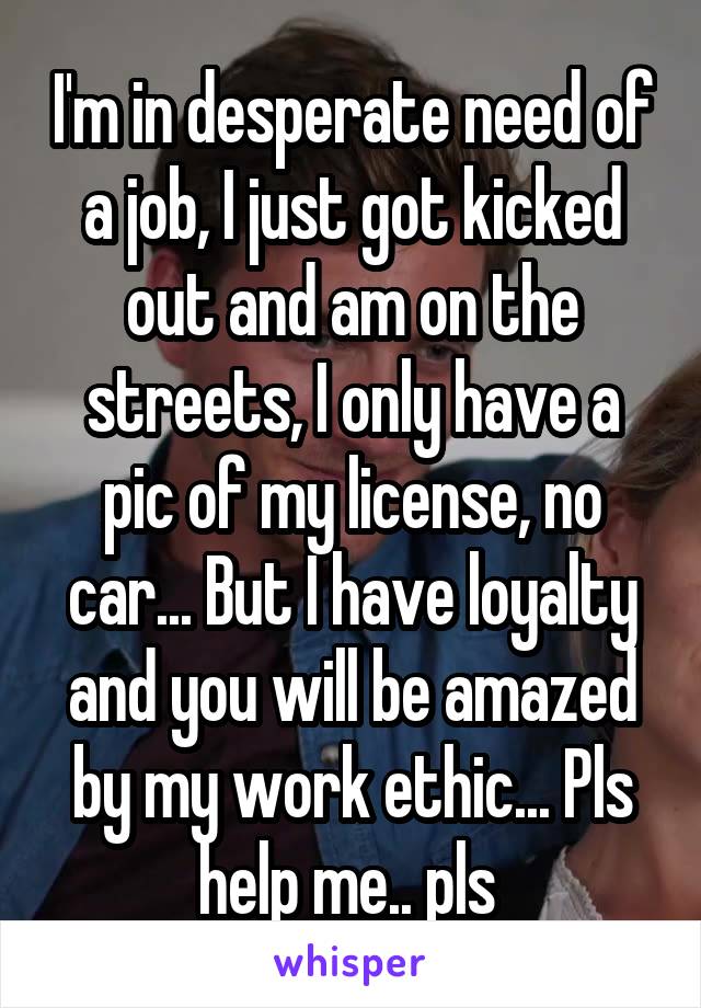 I'm in desperate need of a job, I just got kicked out and am on the streets, I only have a pic of my license, no car... But I have loyalty and you will be amazed by my work ethic... Pls help me.. pls 