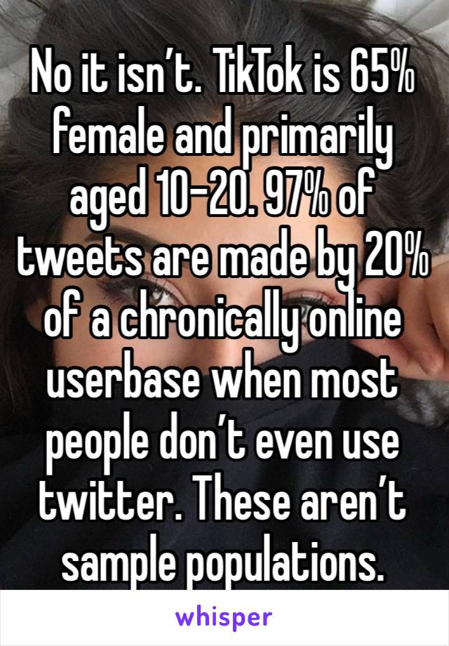 No it isn’t. TikTok is 65% female and primarily aged 10-20. 97% of tweets are made by 20% of a chronically online userbase when most people don’t even use twitter. These aren’t sample populations.