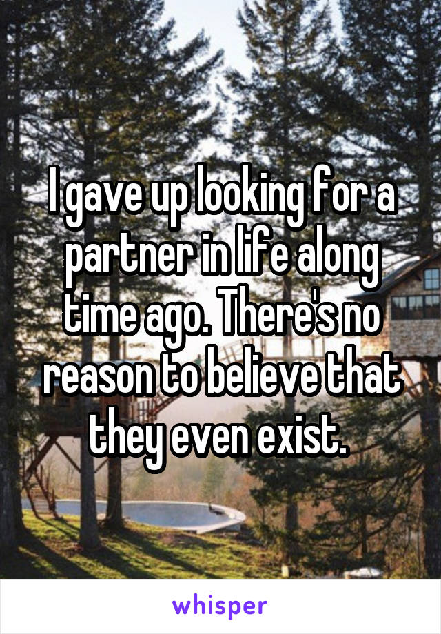 I gave up looking for a partner in life along time ago. There's no reason to believe that they even exist. 