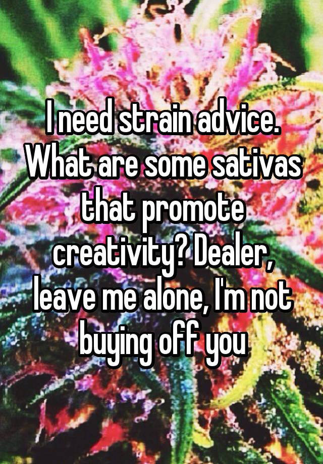I need strain advice. What are some sativas that promote creativity? Dealer, leave me alone, I'm not buying off you