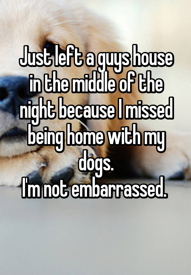 Just left a guys house in the middle of the night because I missed being home with my dogs.
I'm not embarrassed. 
