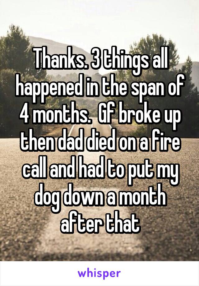 Thanks. 3 things all happened in the span of 4 months.  Gf broke up then dad died on a fire call and had to put my dog down a month after that