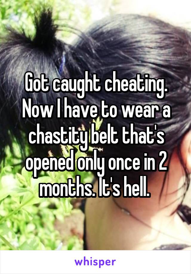 Got caught cheating. Now I have to wear a chastity belt that's opened only once in 2 months. It's hell. 