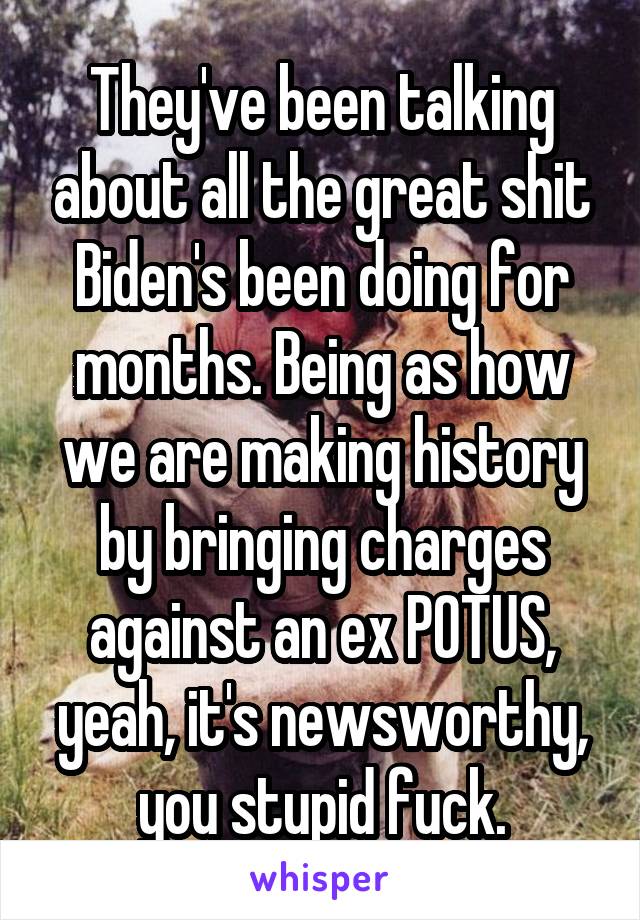 They've been talking about all the great shit Biden's been doing for months. Being as how we are making history by bringing charges against an ex POTUS, yeah, it's newsworthy, you stupid fuck.