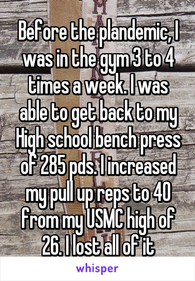 Before the plandemic, I was in the gym 3 to 4 times a week. I was able to get back to my High school bench press of 285 pds. I increased my pull up reps to 40 from my USMC high of 26. I lost all of it