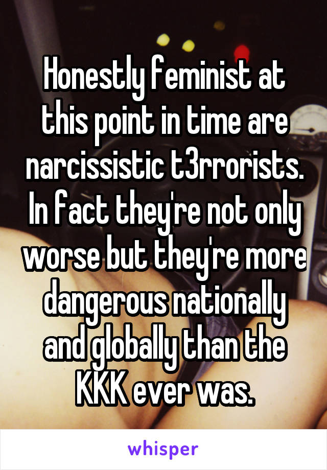 Honestly feminist at this point in time are narcissistic t3rrorists. In fact they're not only worse but they're more dangerous nationally and globally than the KKK ever was.