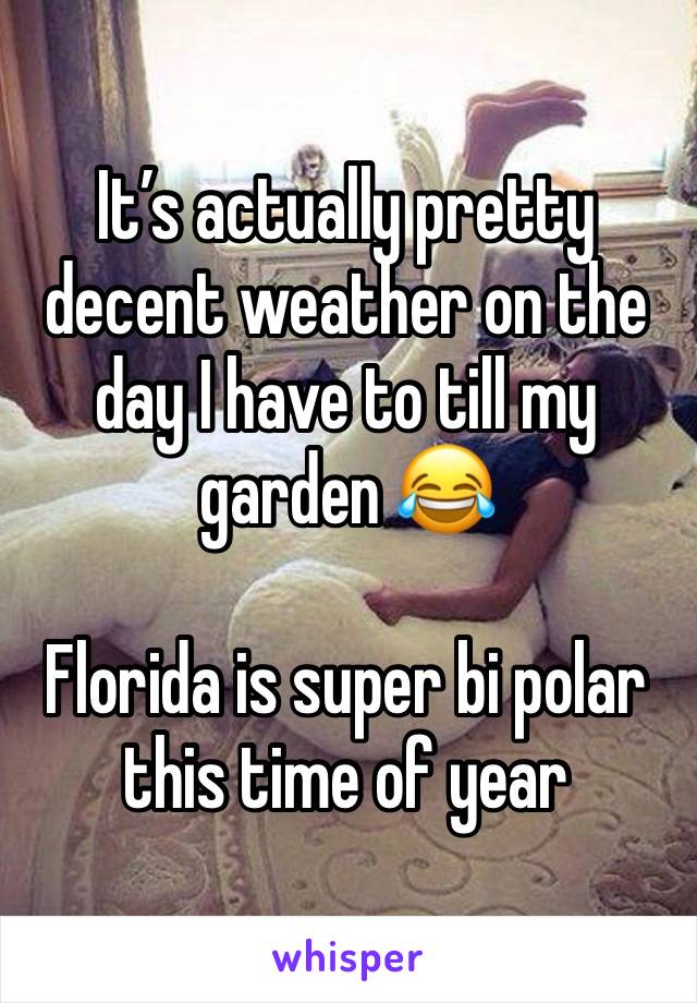 It’s actually pretty decent weather on the day I have to till my garden 😂 

Florida is super bi polar this time of year