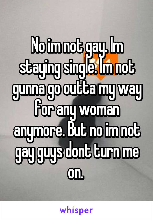 No im not gay. Im staying single. Im not gunna go outta my way for any woman anymore. But no im not gay guys dont turn me on. 