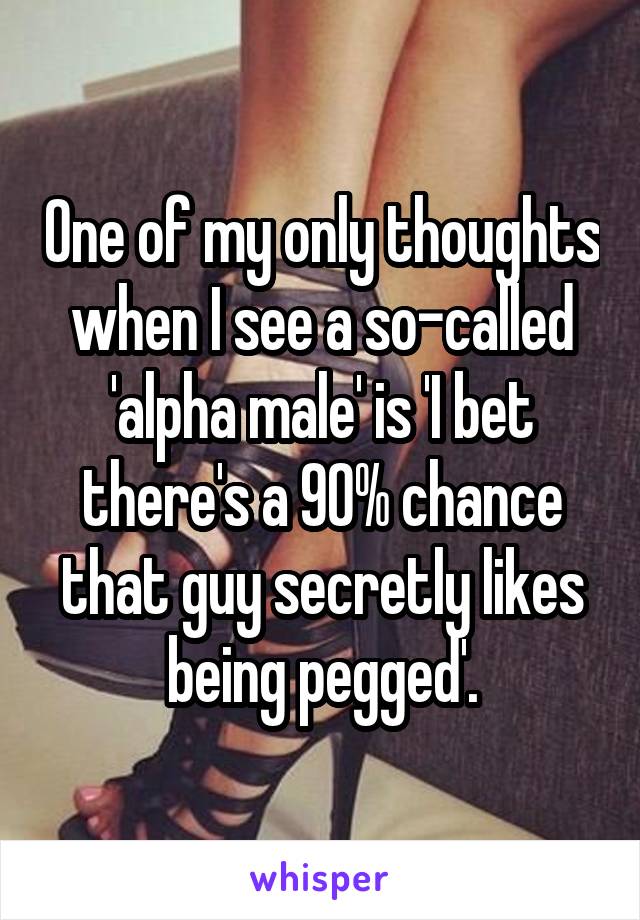 One of my only thoughts when I see a so-called 'alpha male' is 'I bet there's a 90% chance that guy secretly likes being pegged'.