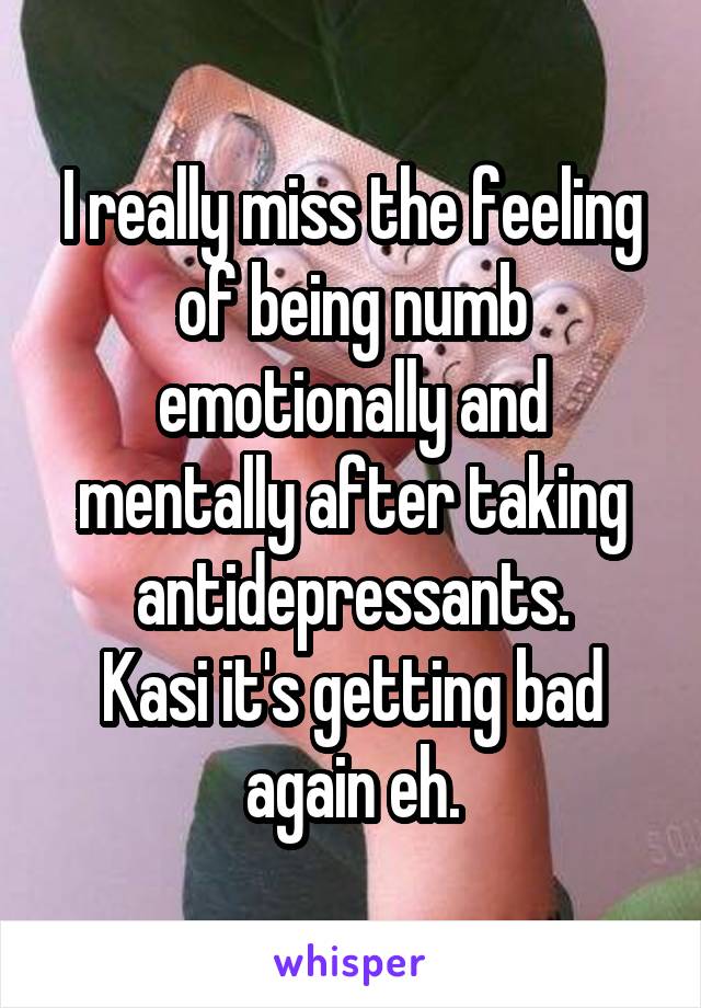 I really miss the feeling of being numb emotionally and mentally after taking antidepressants.
Kasi it's getting bad again eh.