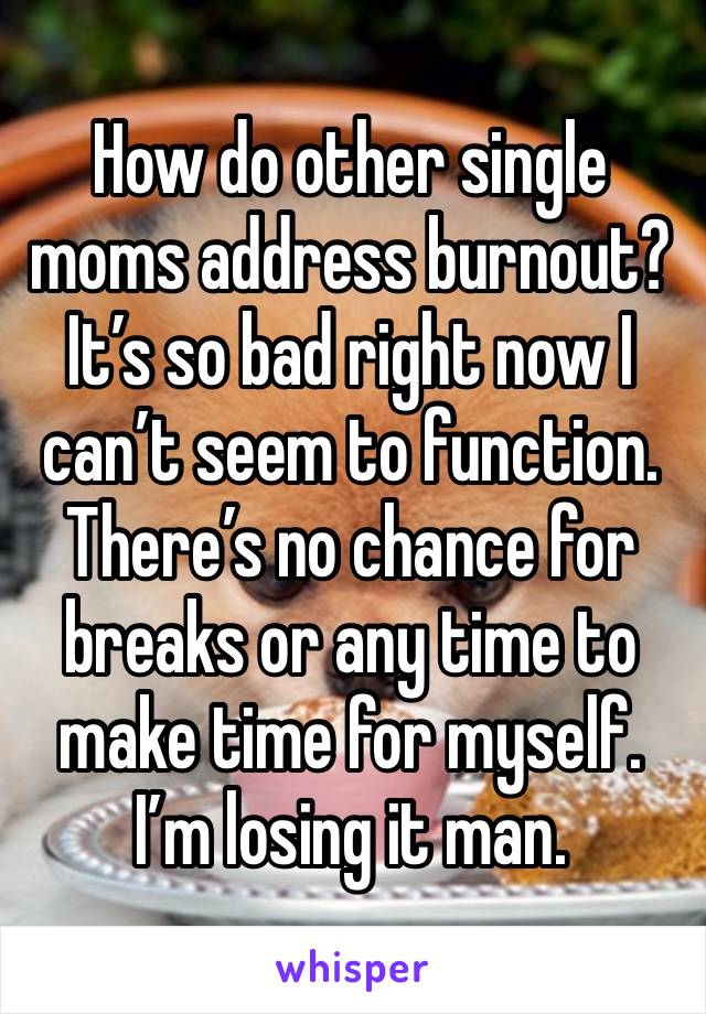 How do other single moms address burnout? It’s so bad right now I can’t seem to function. There’s no chance for breaks or any time to make time for myself. I’m losing it man. 