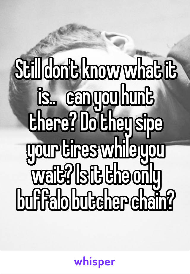 Still don't know what it is..   can you hunt there? Do they sipe your tires while you wait? Is it the only buffalo butcher chain?