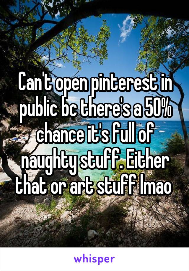 Can't open pinterest in public bc there's a 50% chance it's full of naughty stuff. Either that or art stuff lmao 