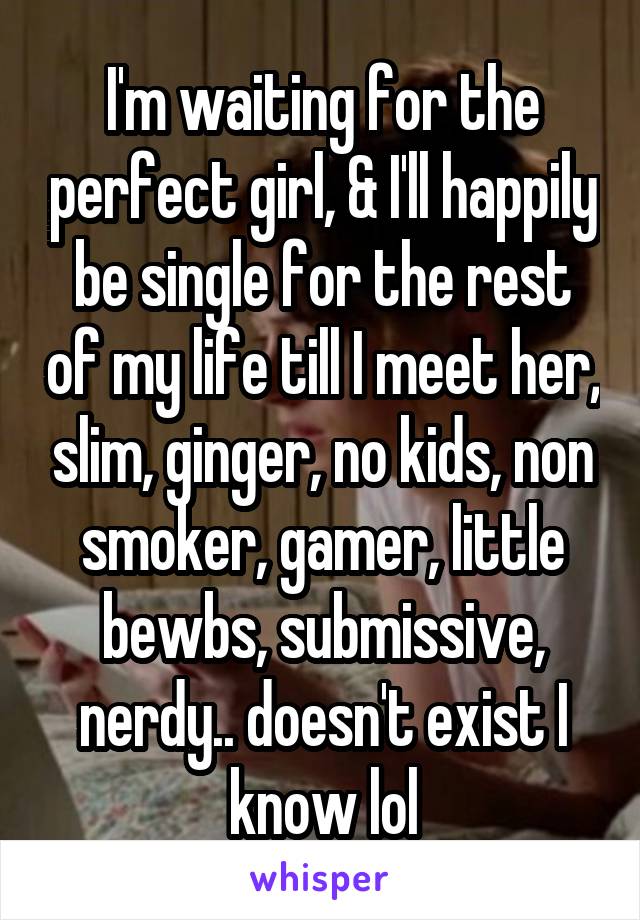 I'm waiting for the perfect girl, & I'll happily be single for the rest of my life till I meet her, slim, ginger, no kids, non smoker, gamer, little bewbs, submissive, nerdy.. doesn't exist I know lol