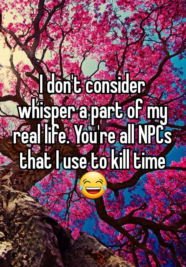 I don't consider whisper a part of my real life. You're all NPCs that I use to kill time 😂